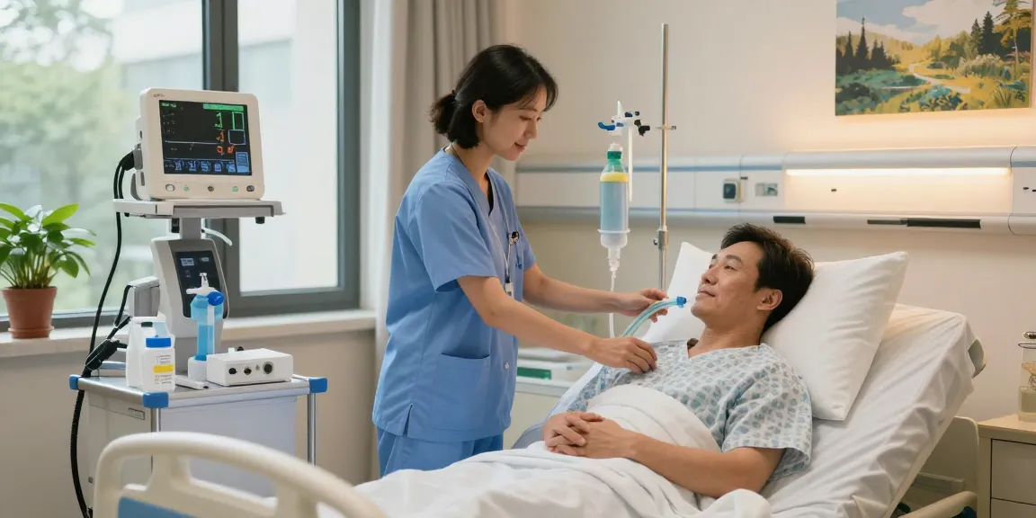 Adjusting a breathing ventilator in a calm hospital room for patient care