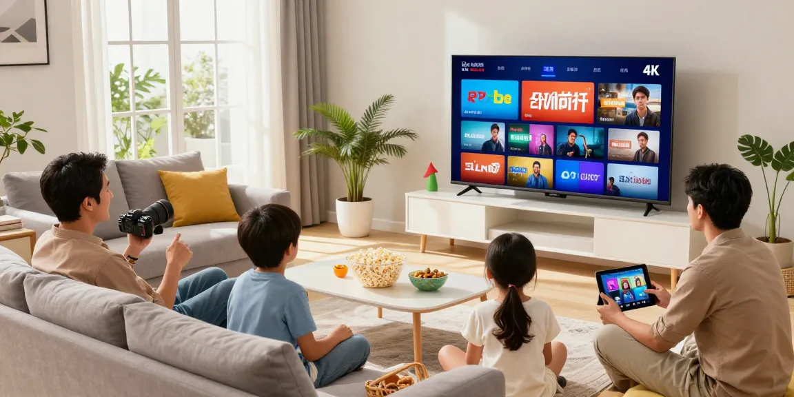 Diffusion d'abonnement iptv sur un téléviseur 4K dans un salon moderne avec une famille réunie.