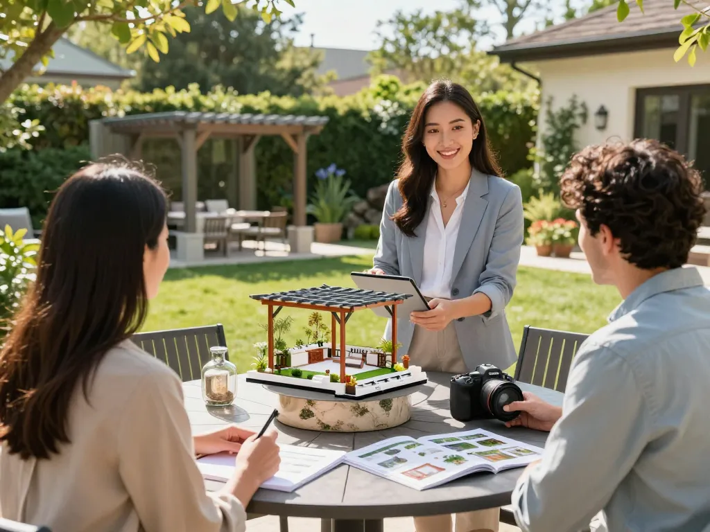 Engaging customer interaction with Pergola Configurator Software in a beautiful garden setting, showcasing 3D design models.