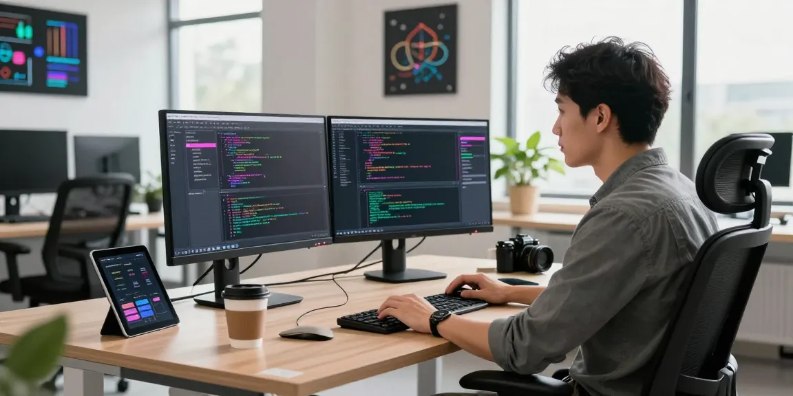 Professional workspace of a developer at teiegramin.com, coding on dual monitors with inspiring office decor.