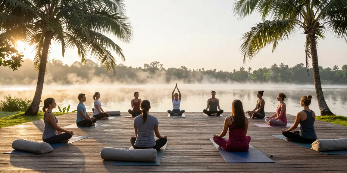 Yoga practice at a serene retreat by Koggala Lake, embodying yoga sri lanka south coast.