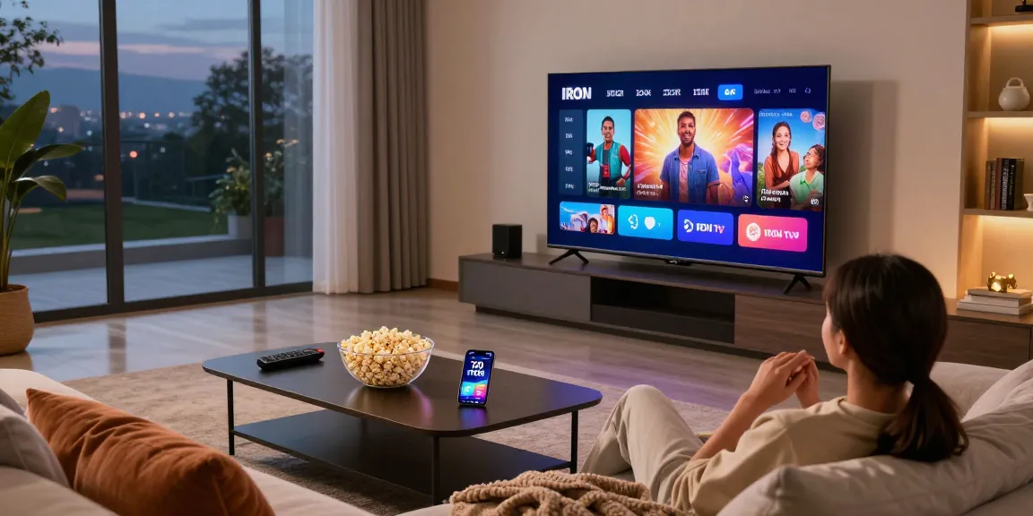 Person enjoying IRON TV PRO streaming on a Smart TV in a cozy living room.