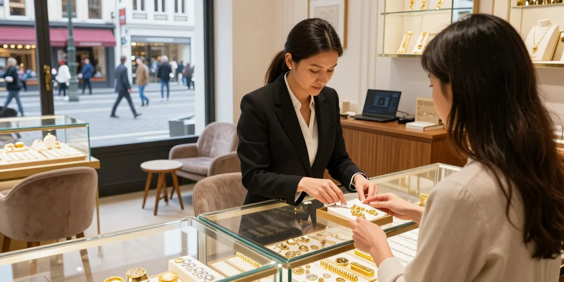 Achat d'or à Bruxelles dans un magasin élégant, consultant aide clients à vendre bijoux en or et argent.