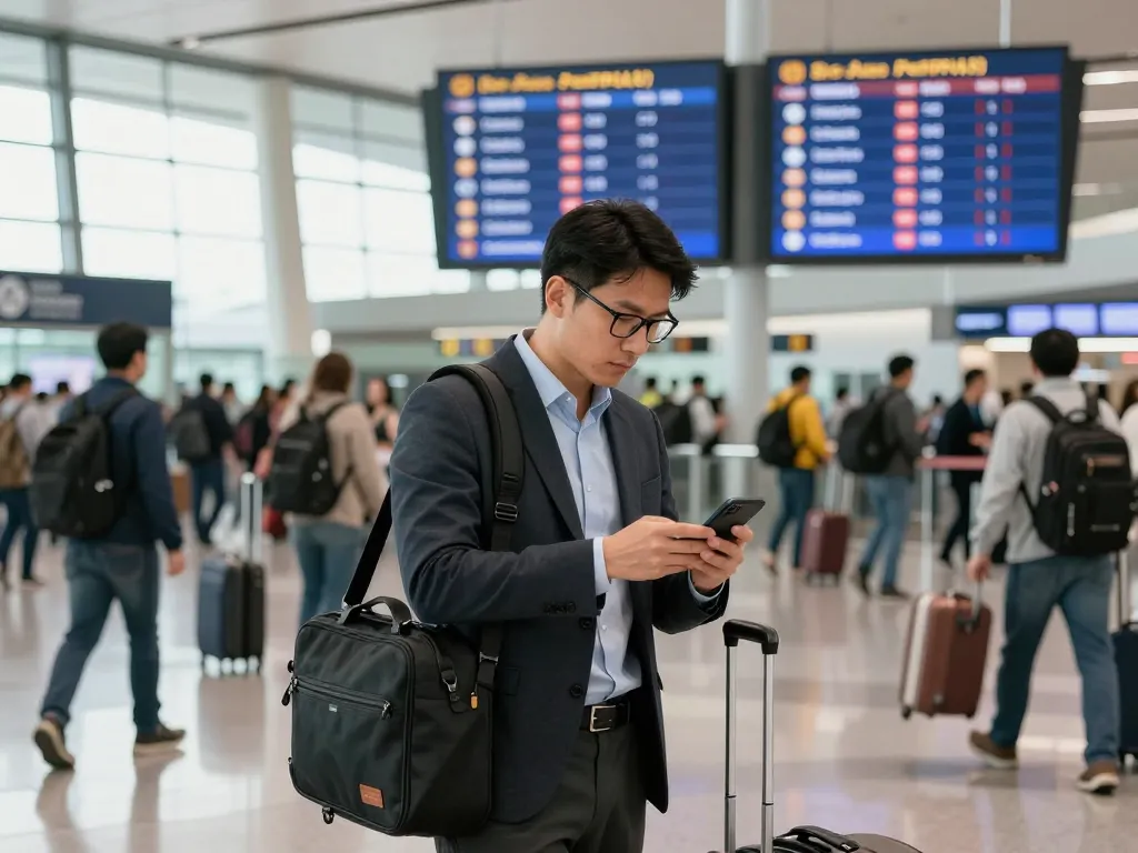 Business traveler preparing for 출장 at the airport with laptop and smartphone amidst bustling atmosphere.