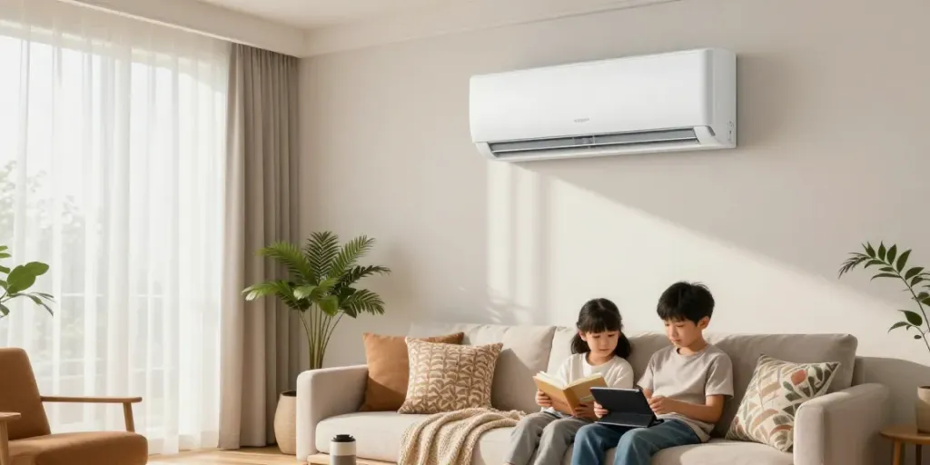 Living room with a 12000 BTU mini split air conditioning unit featuring a cozy family atmosphere.