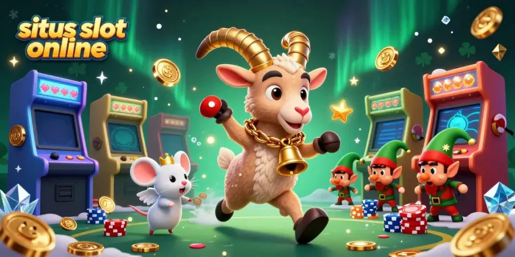 Menggoda pemain situs slot online dengan karakter Krampus dan mouse angel dalam suasana kasino yang penuh warna.