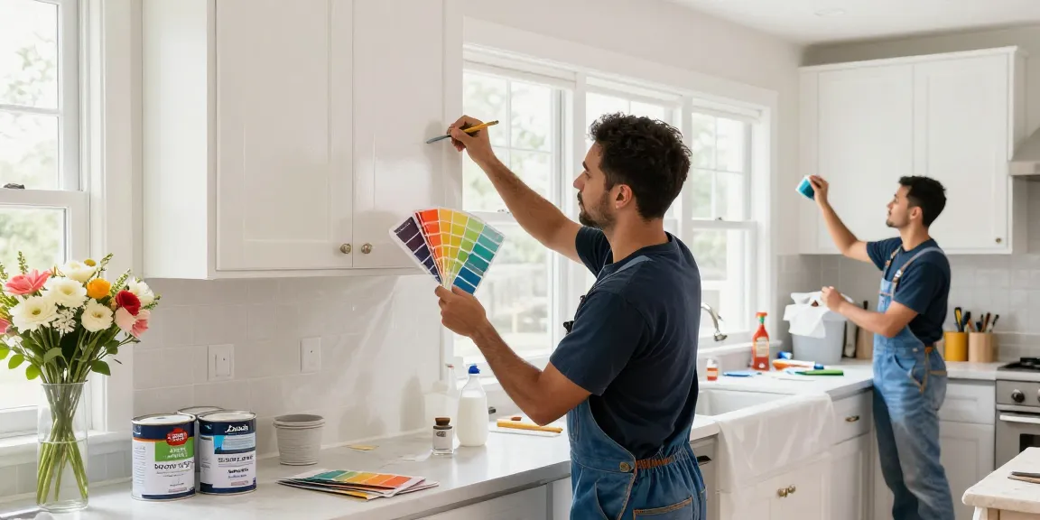 Cabinet painters in Nashville applying a vibrant finish to kitchen cabinets in a bright workspace.