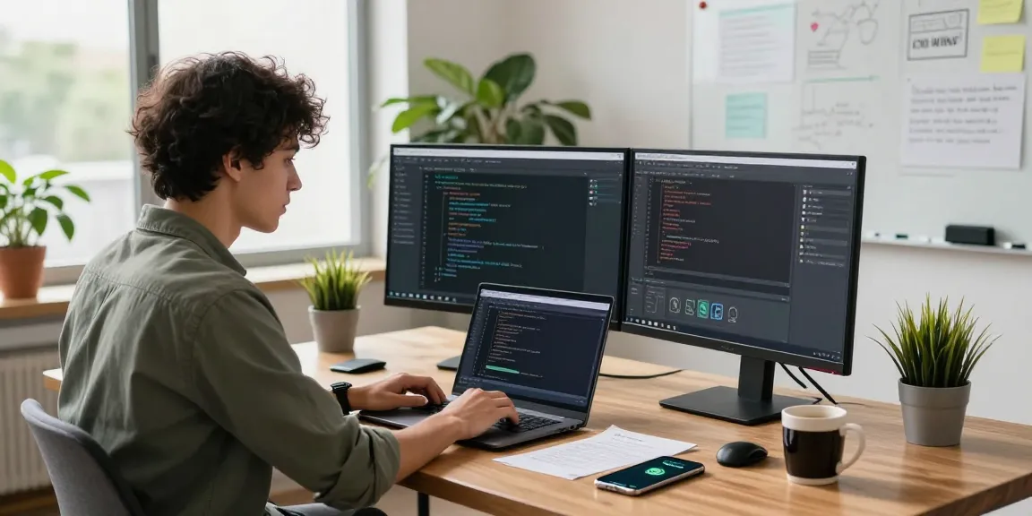 Young developer engaging with WhatsApp網頁版 on dual monitors in a modern workspace