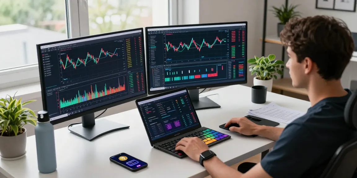ifps cryptocurrency trading workspace with detailed charts and DeFi platform metrics in a modern office