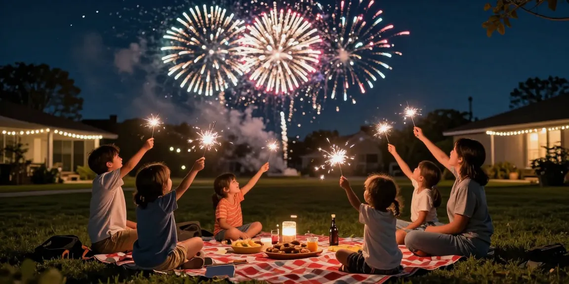 Families celebrating with cheap fireworks near me during a vibrant outdoor display, children holding sparklers.