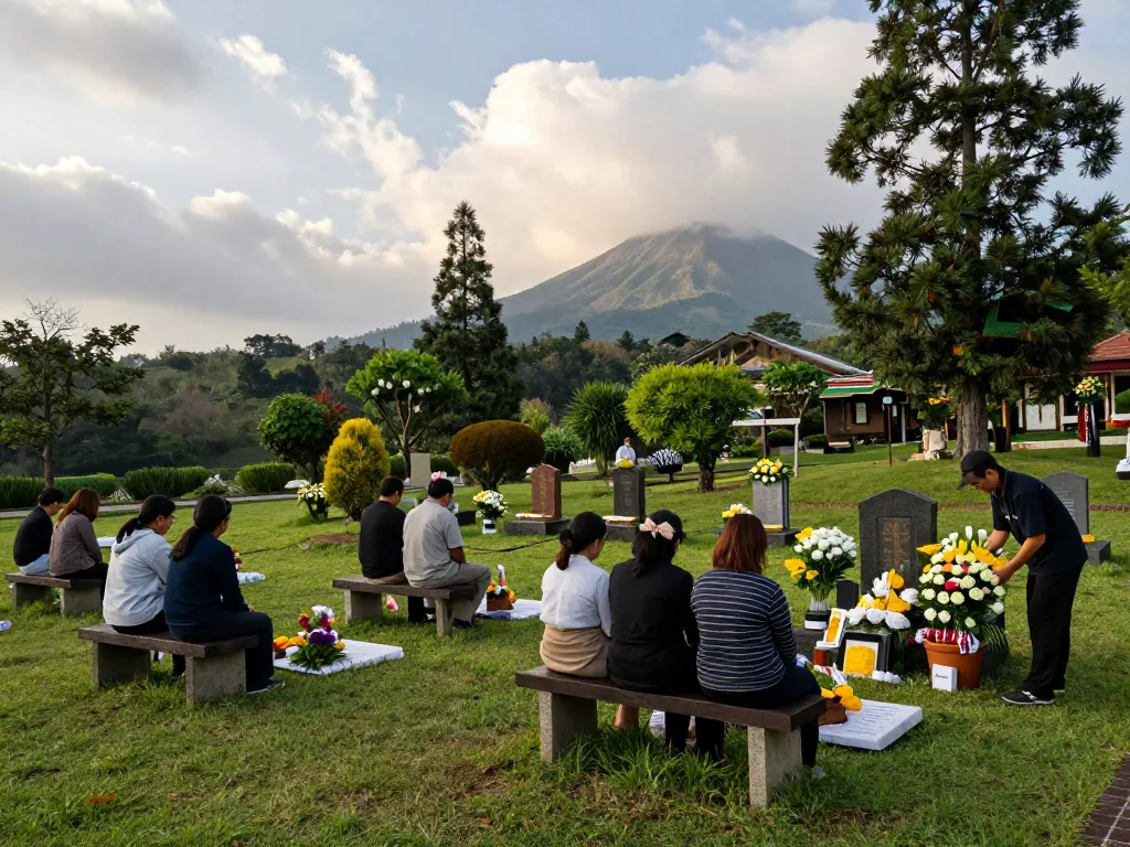Kumpul emosional di taman memorial Gunung Sempu Hills untuk jual lahan makam jogja dengan keluarga yang dikelilingi oleh alam.