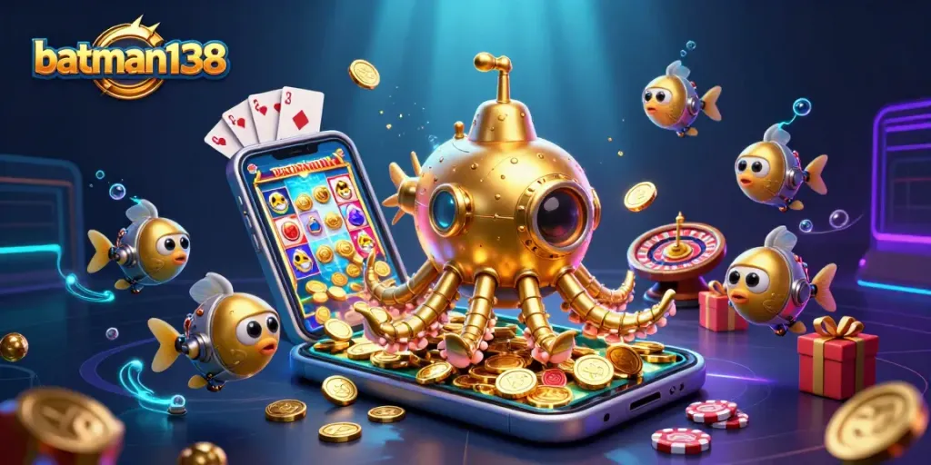 Batam138 menampilkan visual kasino dengan kraken emas dan elemen permainan menarik lainnya.