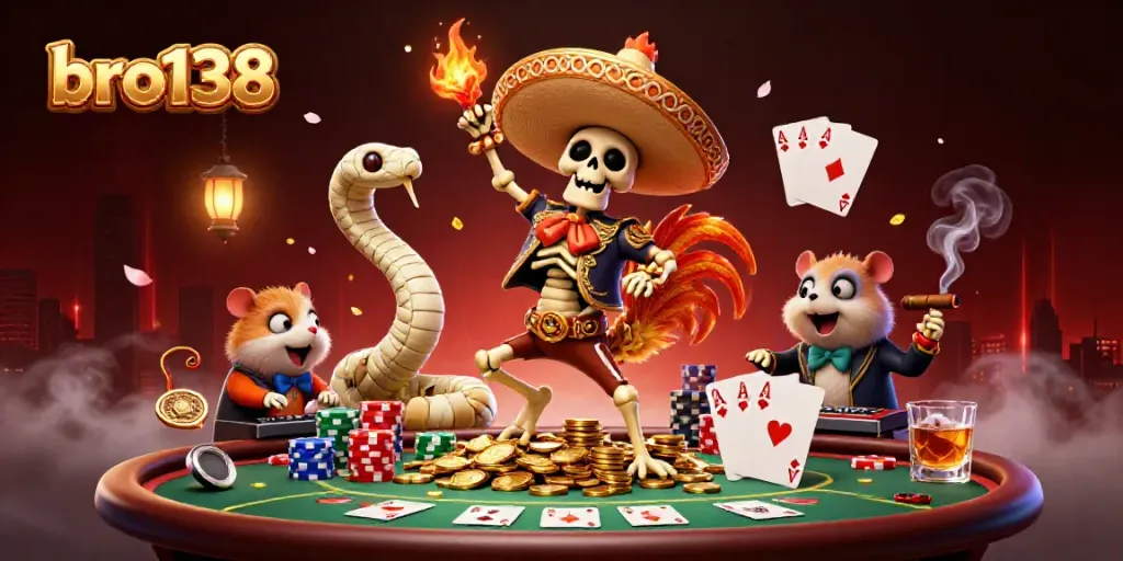Join the excitement at bro138 with a vibrant casino scene featuring unique characters and games.