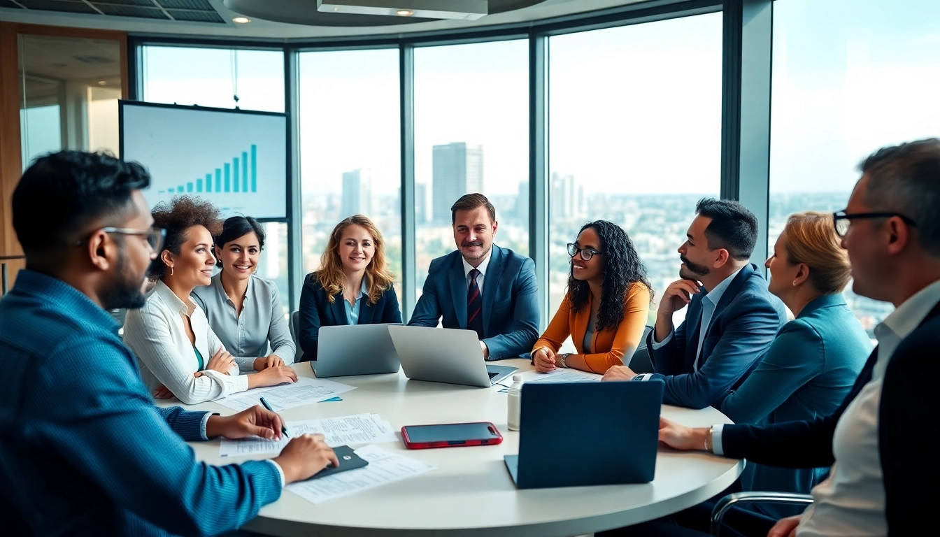 Engaged professionals reviewing contracts and grants in a modern conference room.