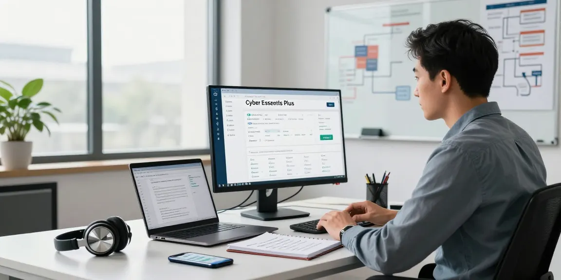 Cyber Essentials Plus cost analysis in a modern tech workspace illustrating compliance dashboard and documentation.