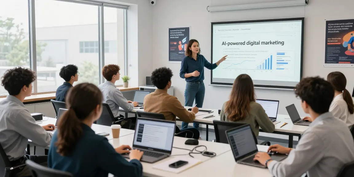 Students learning AI-powered digital marketing strategies in a modern classroom, focusing on interactive teaching.