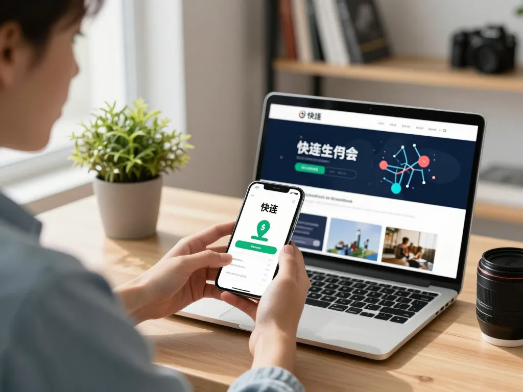 现代工作空间中iPhone上的快连下载，用户与应用界面互动，笔记本电脑显示快连网站。