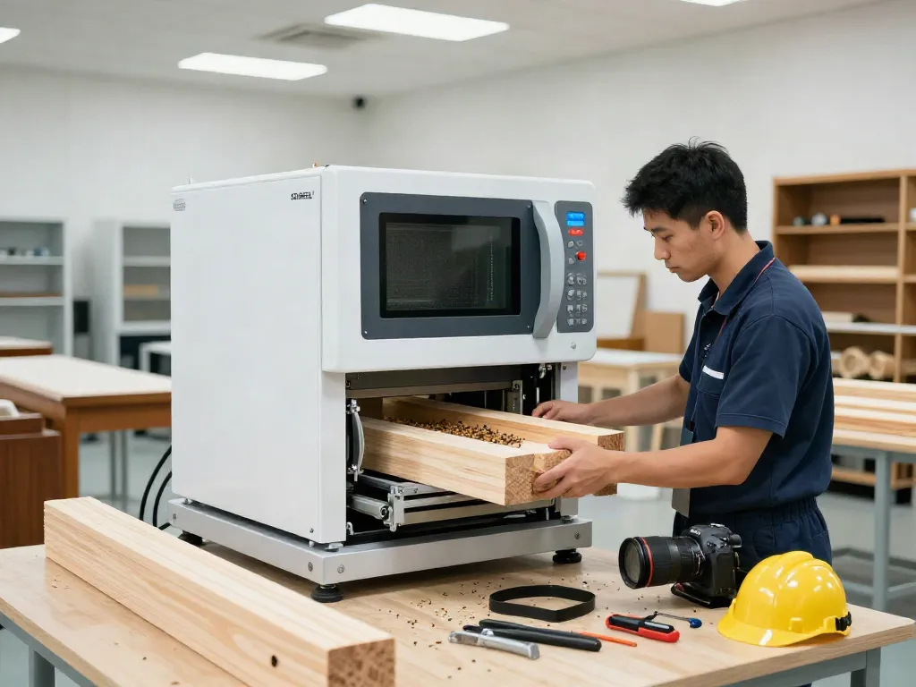 SHASHEL® microwave equipment efficiently eliminating wood-boring insects in a professional workshop.