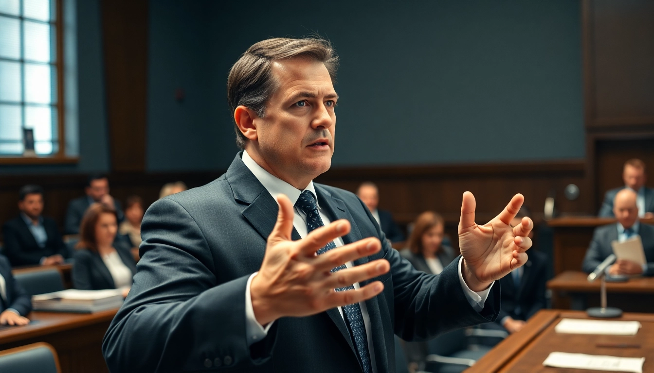 Engaged clearwater truck accident lawyer addressing a jury in a courtroom setting.
