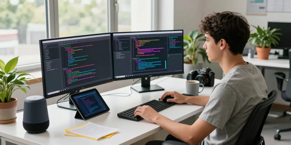 Developer working on innovative app designs using 纸飞机中文版 in a modern tech workspace.
