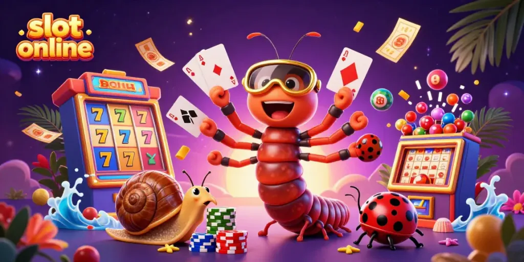 Experience the excitement of slot online with a vibrant illustration of a dealer and high-rollers.
