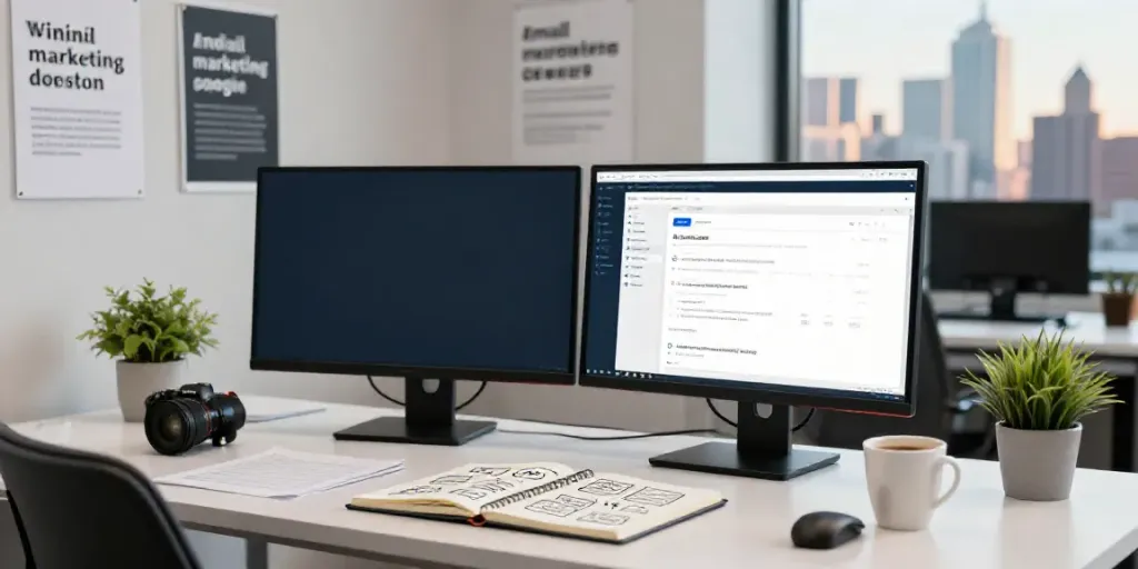 How to write email marketing copy with AI in a vibrant office scene with dual monitors and writing materials.