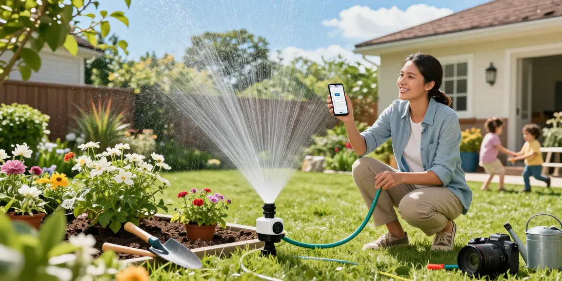 Setting up a rainpoint automatic watering system in a blooming garden for efficient watering.