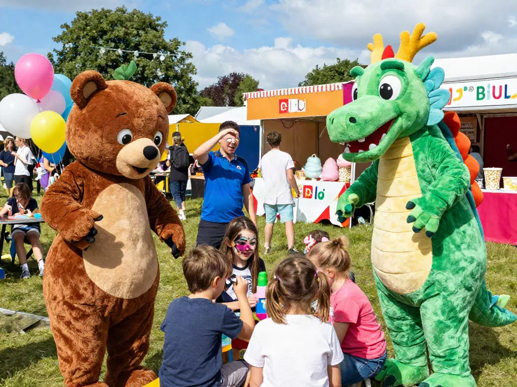 Children enjoying entertainment with mascot costumes UK at a lively outdoor festival.