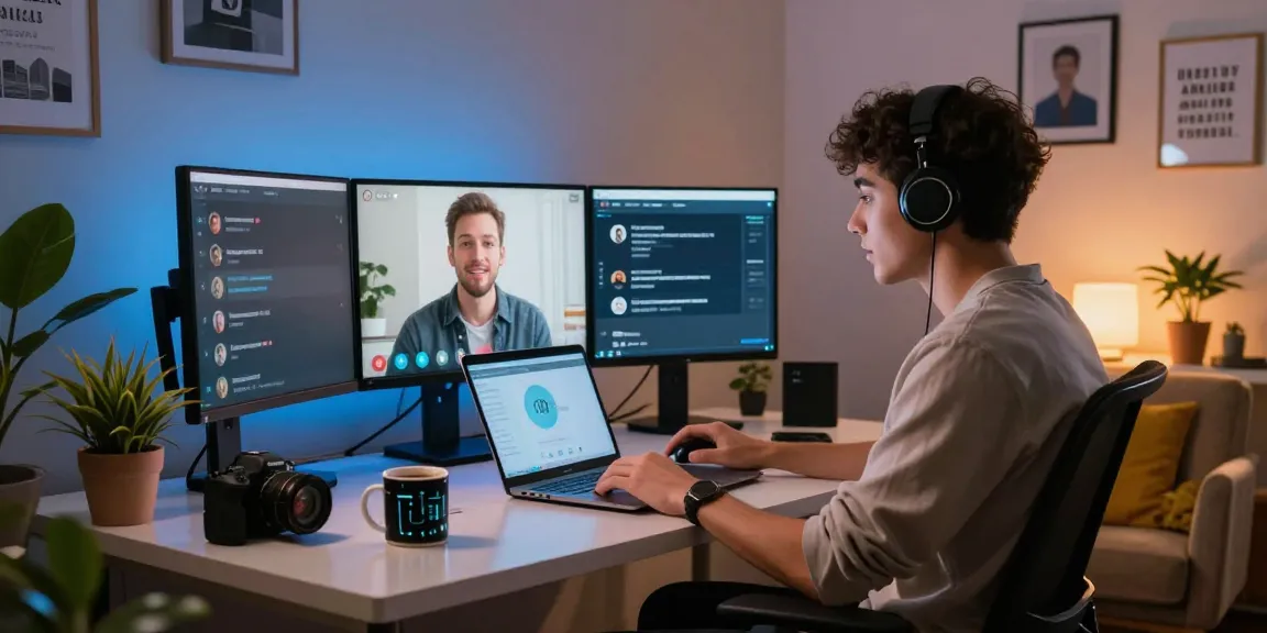 Engaging scene of a young user interacting with a porn chat AI in a stylish home office.