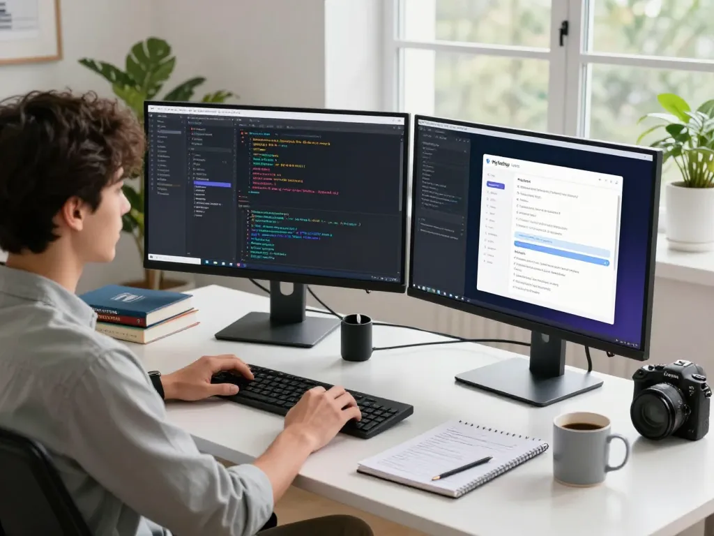 Myfairplay app download displayed on developer screens in a dynamic tech workspace