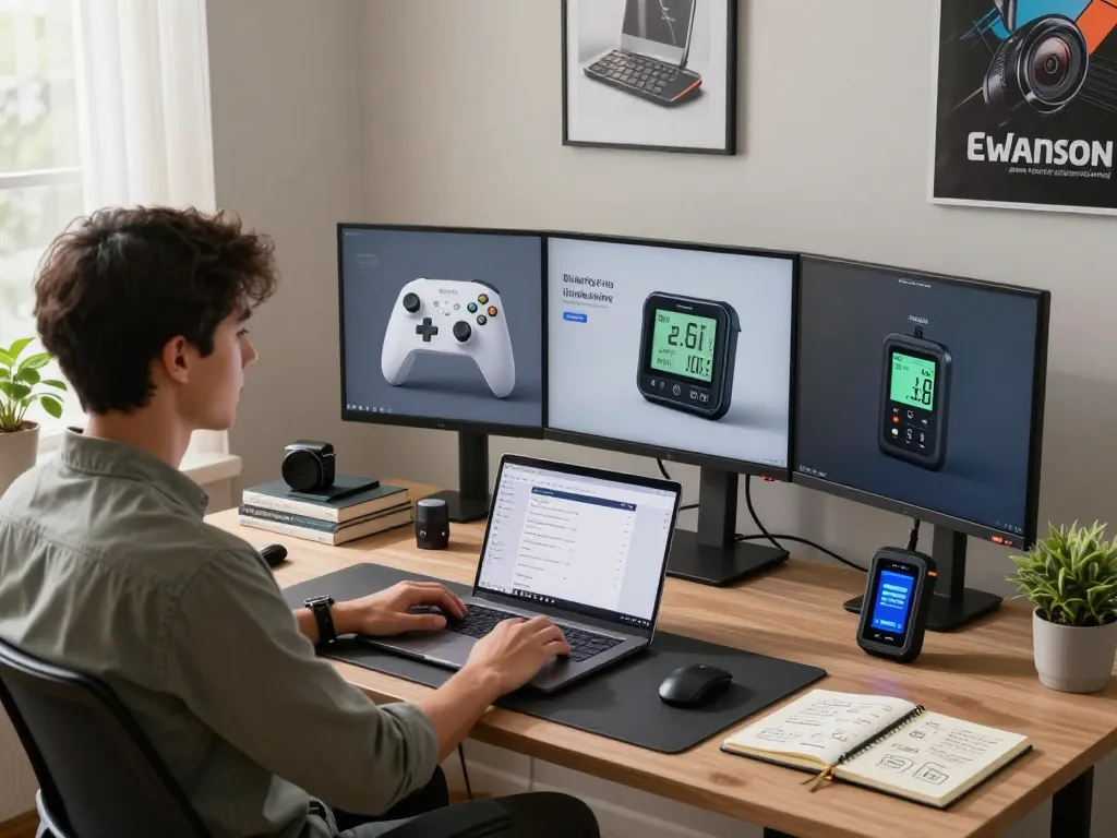 Showcasing innovative tech gadgets in a stylish home office setup, highlighting a young professional's workspace with multiple devices.
