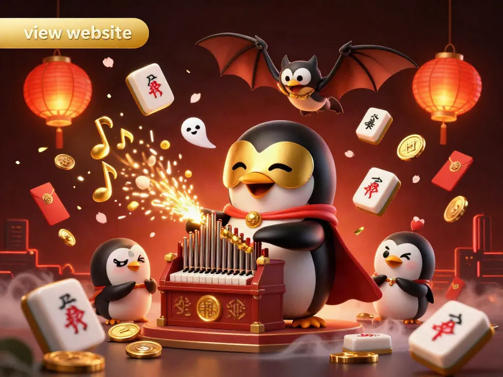 Experience dynamic gameplay with a whimsical casino scene showcasing a penguin playing an organ amidst a burst of golden coins and festive elements, view website.