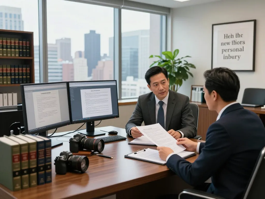 New York City Personal Injury Lawyer consulting with a client in a modern office