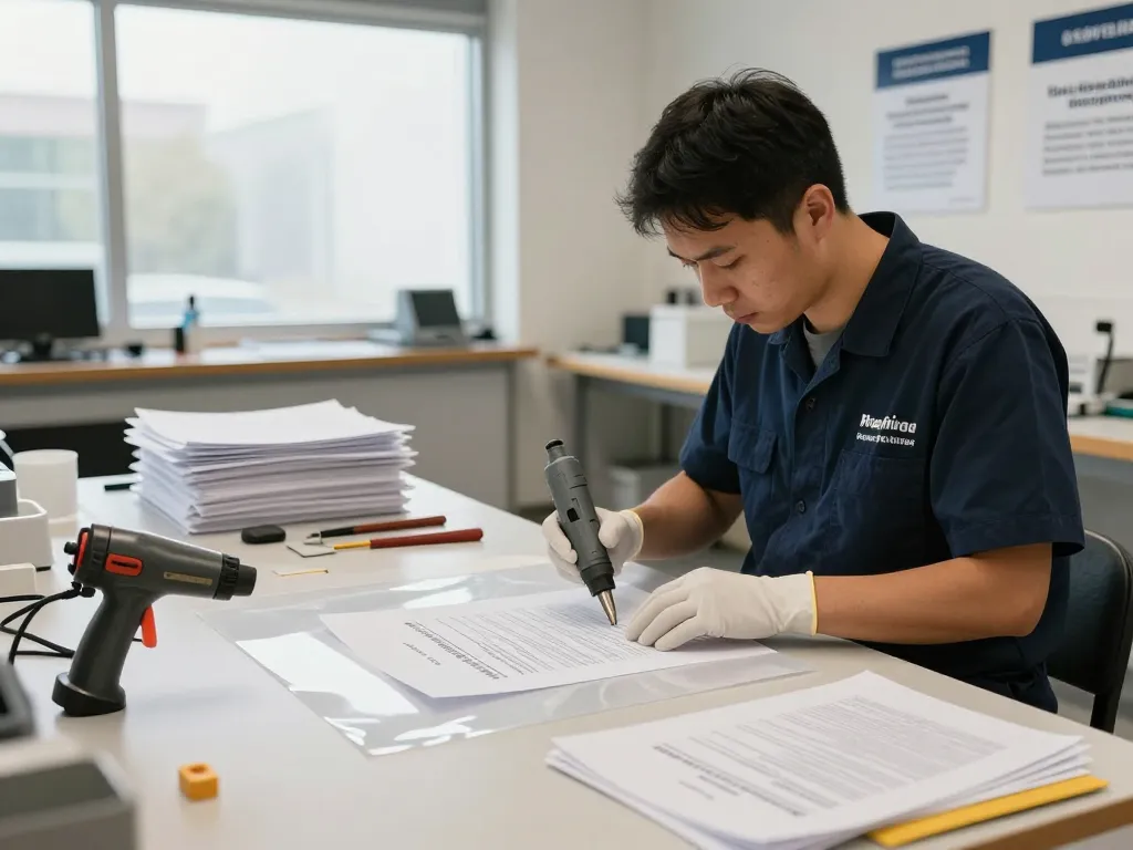 Bóc giấy ép plastic - Paper restoration expert removing lamination in a detailed workspace.