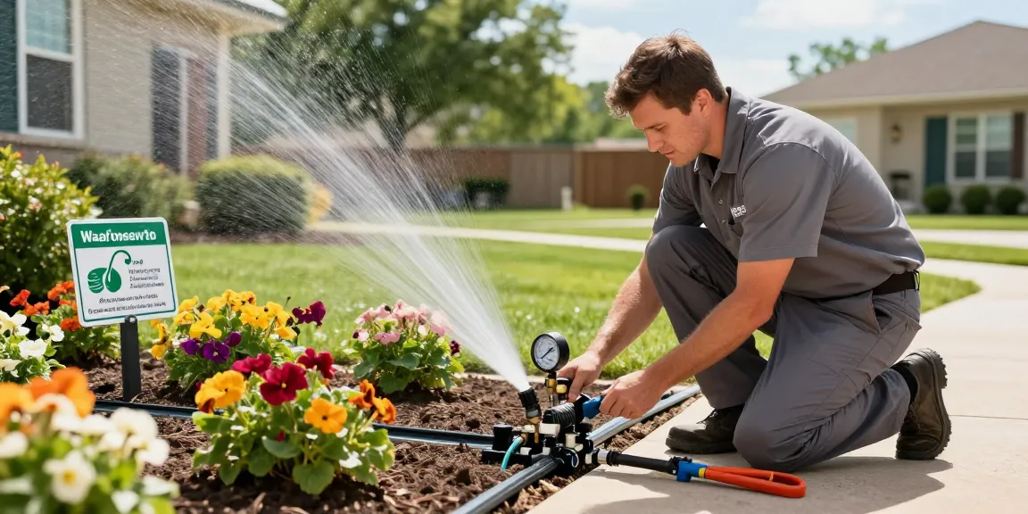 Professional Irrigation Services in Keller, TX showcasing a technician examining a residential drip irrigation system in a beautiful garden.