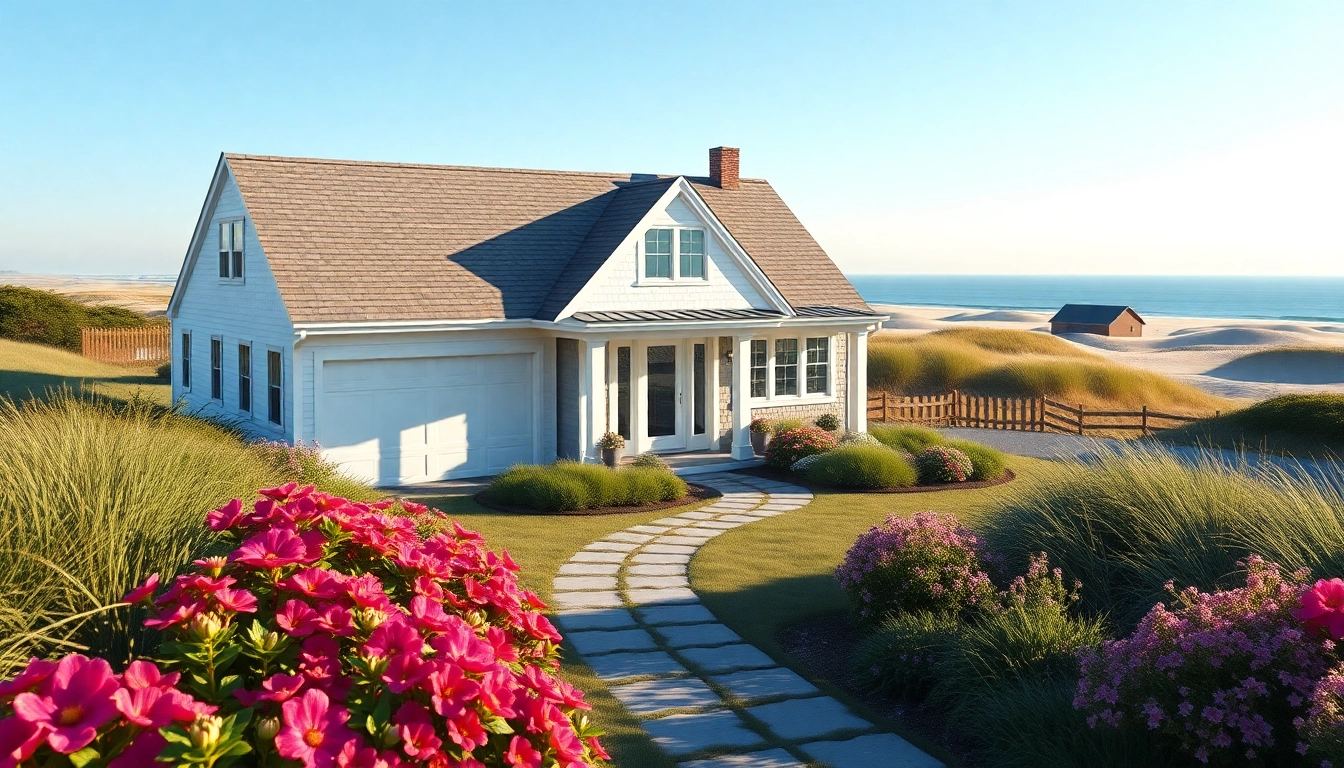 Elevated view of a stunning Cape Cod home with attached garage, showcasing its coastal charm and floral landscape.