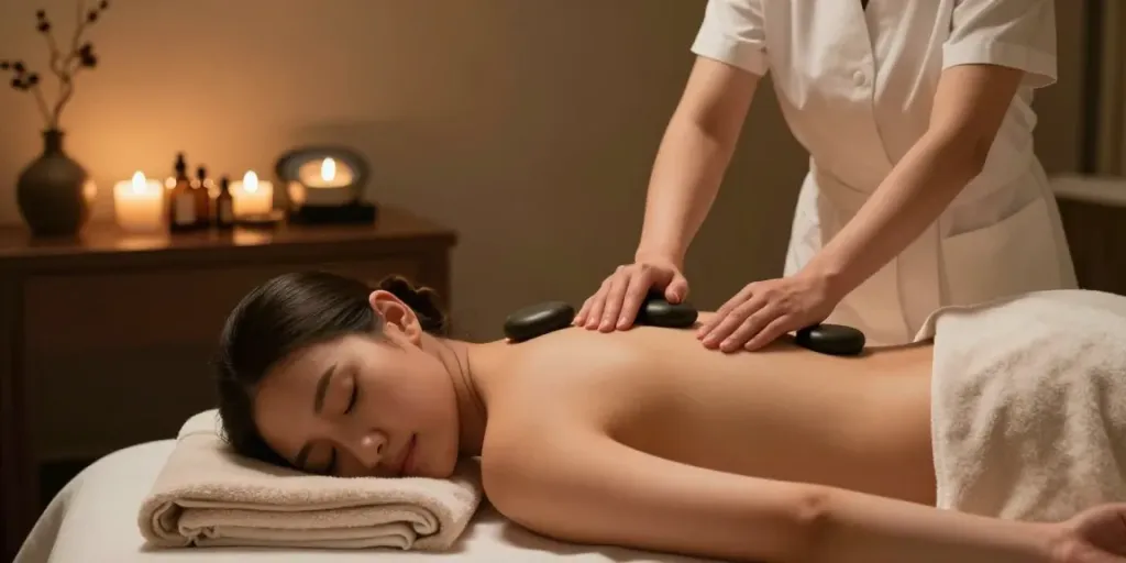 다낭 가라오케: 편안한 아로마 마사지 치료 공간에서 고객이 마사지를 받고 있는 모습.