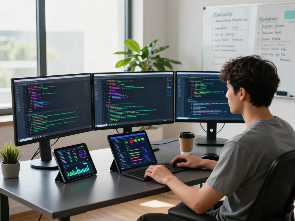 Developer coding smart contract mining algorithms in a modern workspace.
