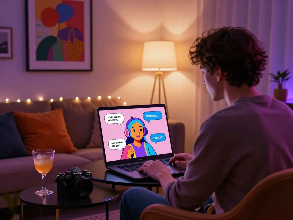 Engaging AI chat porn interaction in a cozy urban apartment setting.