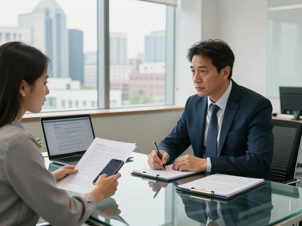 Consultation with an Alexandria Personal Injury Lawyer in a modern office setting, highlighting attentive legal support.