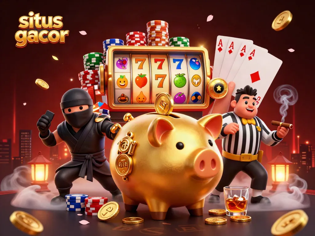 Gambaran permainan situs slot gacor dengan karakter kartun 3D menarik dan elemen permainan slot.
