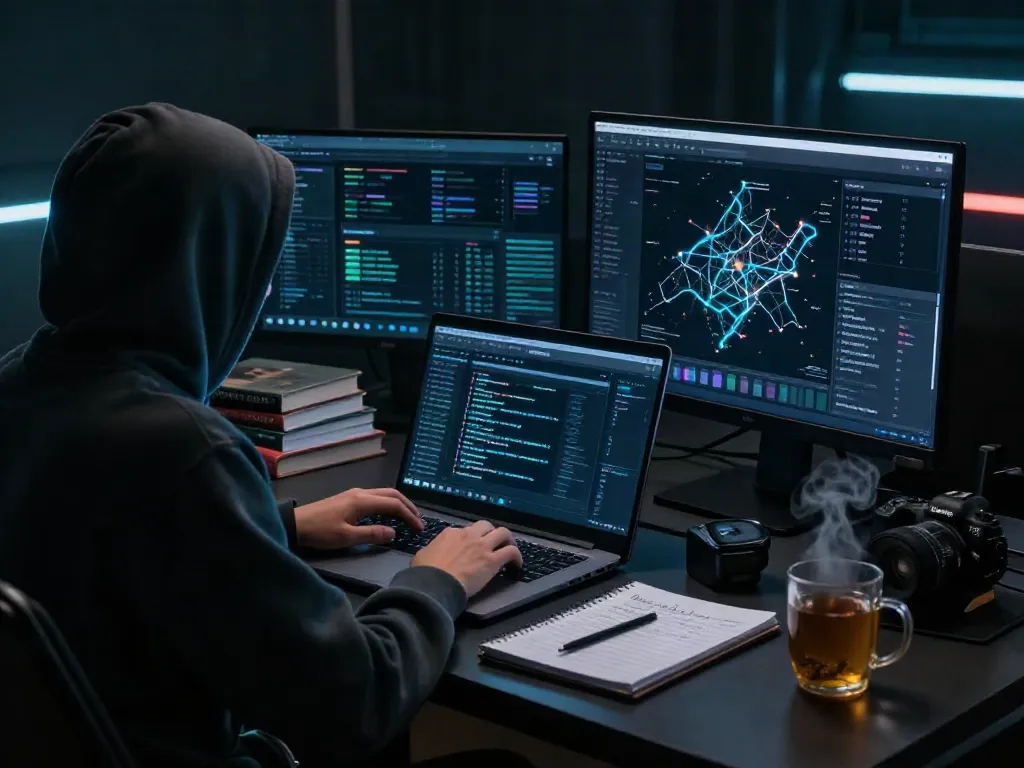 Individual analyzing data on dark web with focus on the hidden wiki.