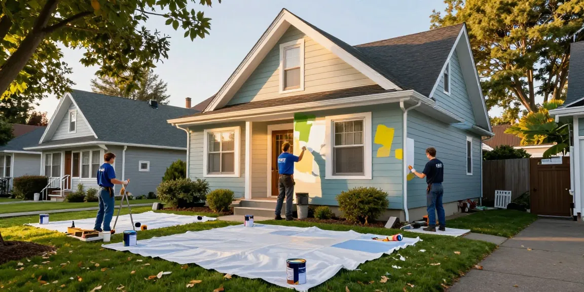 Painters in Portland Metro Area transforming a Craftsman home with vibrant colors during golden hour.