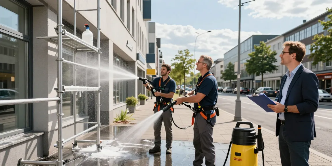 Professionelle Fassadenreinigung Firma Dortmund mit Reinigungstechnik und zufriedenen Kunden in städtischer Umgebung.