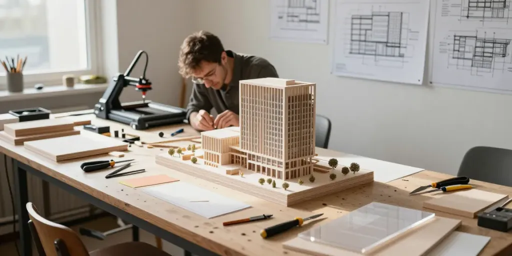 Skilled architectural model maker Luxembourg crafting a detailed urban building model.