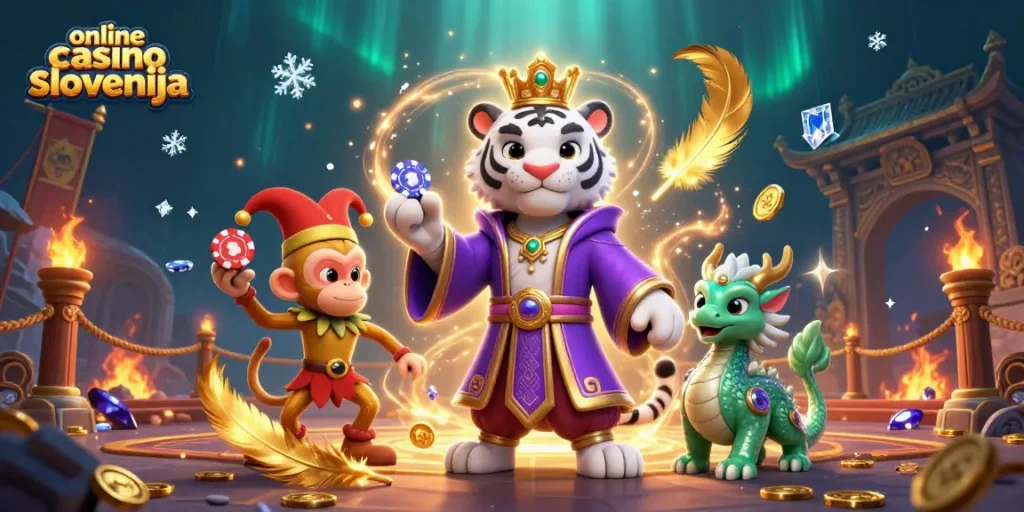 Na sliki srečamo online casino slovenija z elegantnim tigrom, zabavnim mončkom in žadnim zmajem v dinamičnem okolju.