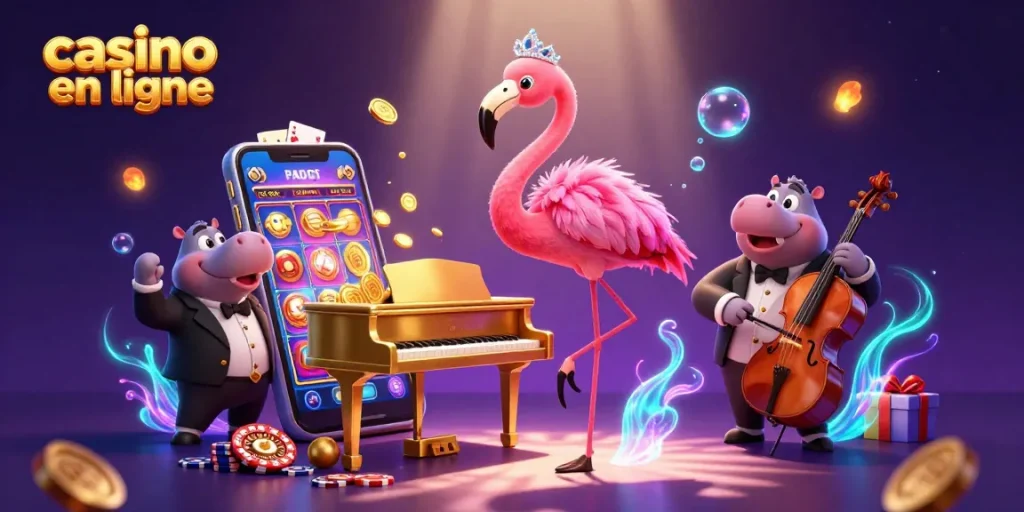 Profitez d'une expérience de casino en ligne avec une illustration colorée de chanteurs et de jeux.