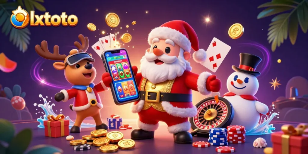 olxtoto menghadirkan Santa Claus dan teman-temannya merayakan jackpot permainan slot yang berwarna-warni di kasino.