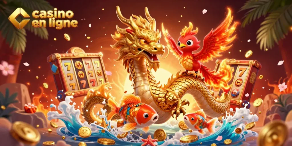 Jouez au casino en ligne avec un dragon chinois et un phénix entourés de pièces d'or et de machines à sous.