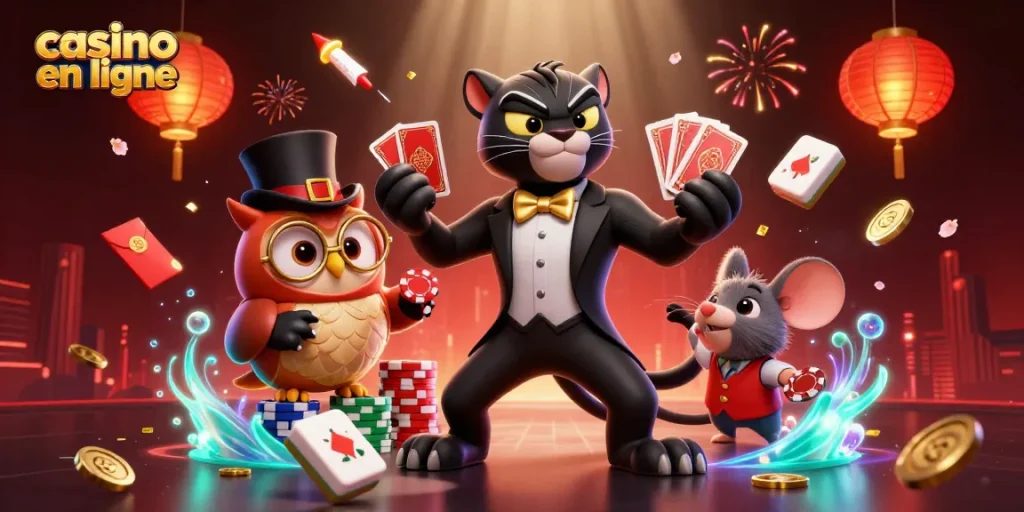 Plongez dans l'univers du casino en ligne avec une illustration animée riche en détails montrant une panthère, un hibou et une souris jouant.